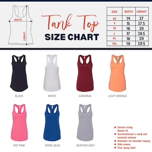 K&ouml;nnte beinhalten: Eine Tank-Top-Gr&ouml;&szlig;entabelle mit Ma&szlig;en in Zentimetern. Die Tabelle umfasst die Gr&ouml;&szlig;en XS bis 2XL mit entsprechenden Breiten und L&auml;ngen. Das Bild zeigt auch Tanktops in verschiedenen Farben: Schwarz, Wei&szlig;, Kardinalrot, Hellorange, Pink, K&ouml;nigsblau und Heather Grey.