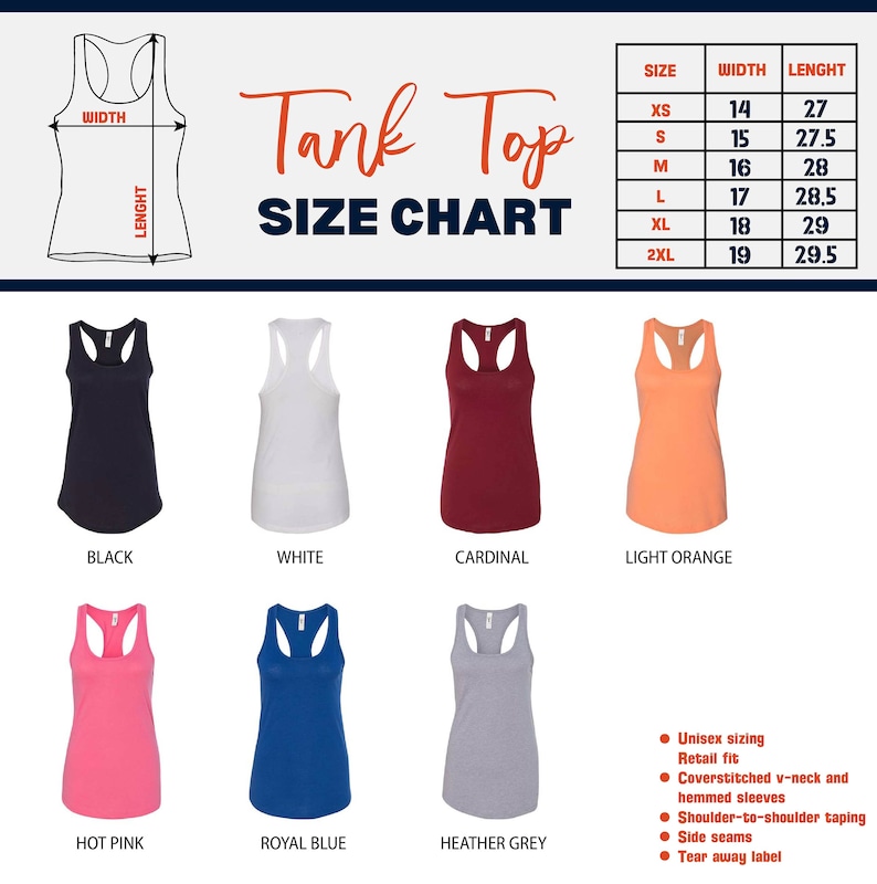 K&ouml;nnte beinhalten: Eine Tank-Top-Gr&ouml;&szlig;entabelle mit Ma&szlig;en in Zentimetern. Die Tabelle umfasst die Gr&ouml;&szlig;en XS bis 2XL mit entsprechenden Breiten und L&auml;ngen. Das Bild zeigt auch Tanktops in verschiedenen Farben: Schwarz, Wei&szlig;, Kardinalrot, Hellorange, Pink, K&ouml;nigsblau und Heather Grey.