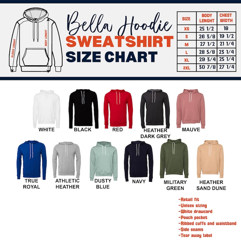 Puede incluir: Tabla de tallas para sudadera con capucha Bella con opciones de color y medidas para las tallas XS a 2XL. Los colores incluyen blanco, negro, rojo, gris oscuro jaspeado, malva, azul real, jaspeado atl&eacute;tico, azul polvoriento, azul marino, verde militar y arena jaspeada.