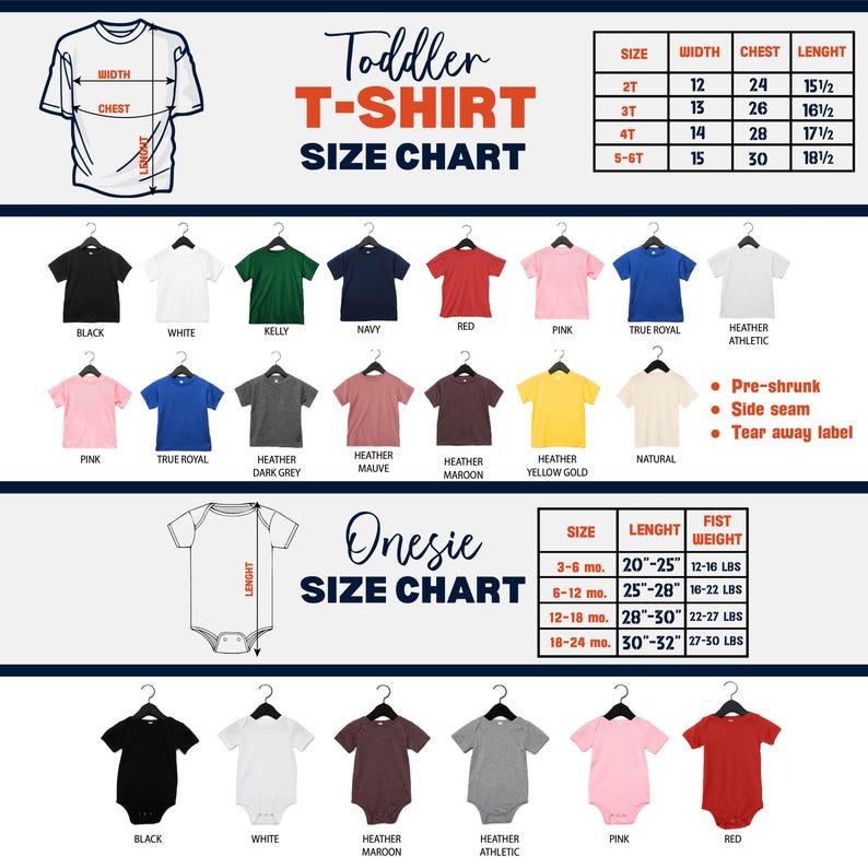 K&ouml;nnte beinhalten: Eine Gr&ouml;&szlig;entabelle f&uuml;r T-Shirts und Bodys f&uuml;r Kleinkinder. Die T-Shirt-Tabelle enth&auml;lt Ma&szlig;e f&uuml;r Breite, Brust und L&auml;nge in cm. Die Body-Tabelle enth&auml;lt Informationen zu L&auml;nge und Gewicht. Verschiedene T-Shirt- und Body-Farben werden angezeigt.