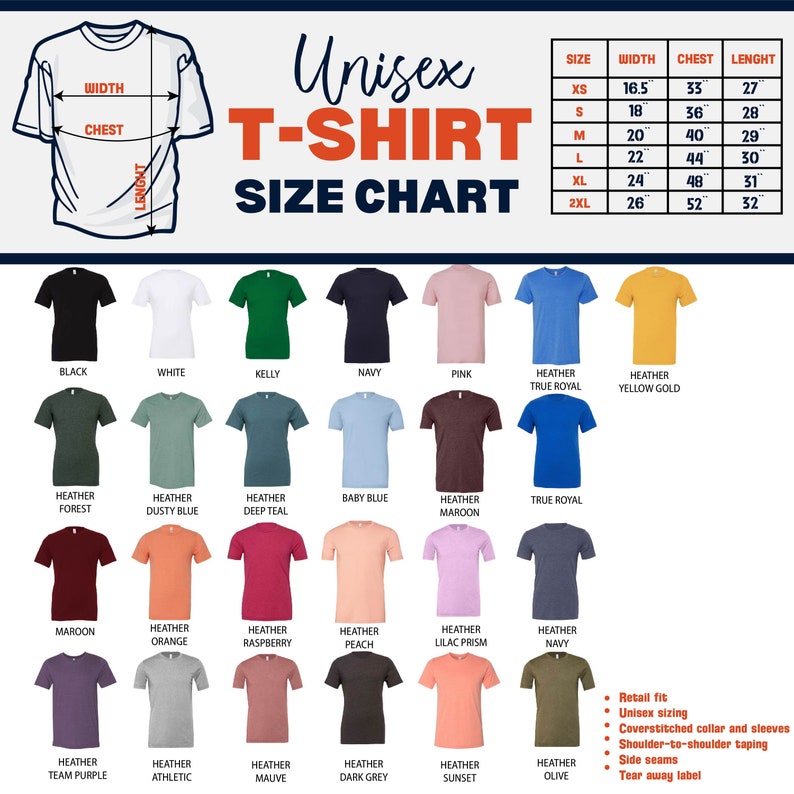 Może przedstawiać: Tabela rozmiar&oacute;w koszulki unisex z wymiarami w calach. Tabela przedstawia 21 r&oacute;żnych kolor&oacute;w koszulki, w tym czarny, biały, zielony kelly, granatowy, r&oacute;żowy, popielaty kr&oacute;lewski, popielaty złotoż&oacute;łty, popielaty leśny, popielaty błękitny, popielaty ciemnoniebieski, błękitny, popielaty bordowy, kr&oacute;lewski, bordowy, popielaty pomarańczowy, popielaty malinowy, popielaty brzoskwiniowy, popielaty liliowy, popielaty granatowy, popielaty fioletowy, popielaty sportowy, popielaty liliowy, popielaty ciemnoszary, popielaty zachodni i popielaty oliwkowy.