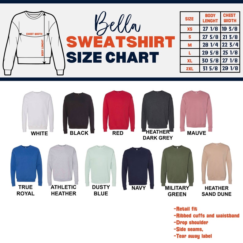 Puede incluir: Tabla de tallas de sudadera Bella con medidas en pulgadas. La tabla muestra diferentes colores de sudaderas, incluyendo blanco, negro, rojo, gris jaspeado oscuro, malva, azul real, gris jaspeado atl&eacute;tico, azul polvoriento, azul marino, verde militar y arena jaspeada.