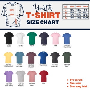 Może przedstawiać: Tabela rozmiar&oacute;w koszulek dla młodzieży z wymiarami w calach. Tabela przedstawia r&oacute;żne kolory i style koszulek, w tym kolory melanżowe, kolory jednolite i prawdziwy kr&oacute;lewski.