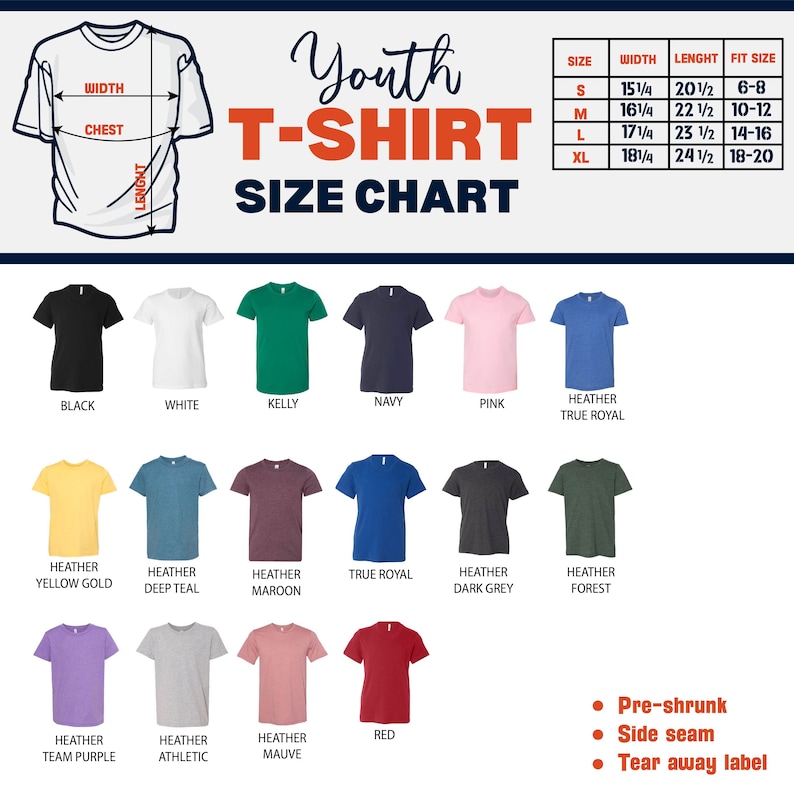 Może przedstawiać: Tabela rozmiar&oacute;w koszulek dla młodzieży z wymiarami w calach. Tabela przedstawia r&oacute;żne kolory i style koszulek, w tym kolory melanżowe, kolory jednolite i prawdziwy kr&oacute;lewski.