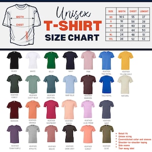 K&ouml;nnte beinhalten: Auf wei&szlig;em Hintergrund ist eine Gr&ouml;&szlig;entabelle f&uuml;r Unisex-T-Shirts mit Ma&szlig;en in Zoll dargestellt. Die Tabelle umfasst die Gr&ouml;&szlig;en XS bis 2XL mit Breiten-, Brust- und L&auml;ngenma&szlig;en. Verschiedene T-Shirt-Farben sind abgebildet, darunter Schwarz, Wei&szlig; und Navy.