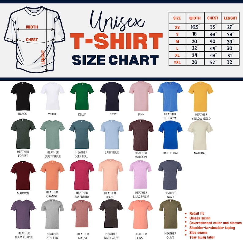 K&ouml;nnte beinhalten: Auf wei&szlig;em Hintergrund ist eine Gr&ouml;&szlig;entabelle f&uuml;r Unisex-T-Shirts mit Ma&szlig;en in Zoll dargestellt. Die Tabelle umfasst die Gr&ouml;&szlig;en XS bis 2XL mit Breiten-, Brust- und L&auml;ngenma&szlig;en. Verschiedene T-Shirt-Farben sind abgebildet, darunter Schwarz, Wei&szlig; und Navy.