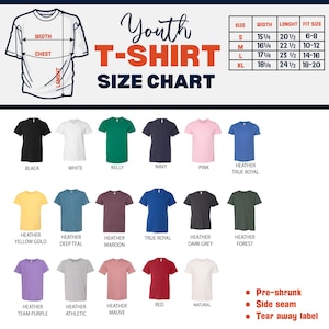 K&ouml;nnte beinhalten: Eine Gr&ouml;&szlig;entabelle f&uuml;r Jugend-T-Shirts mit verschiedenen Farben. Die Tabelle enth&auml;lt Ma&szlig;e f&uuml;r Breite, Brust und L&auml;nge in cm sowie Gr&ouml;&szlig;en. Farben: Schwarz, Wei&szlig;, Rosa und Marineblau.