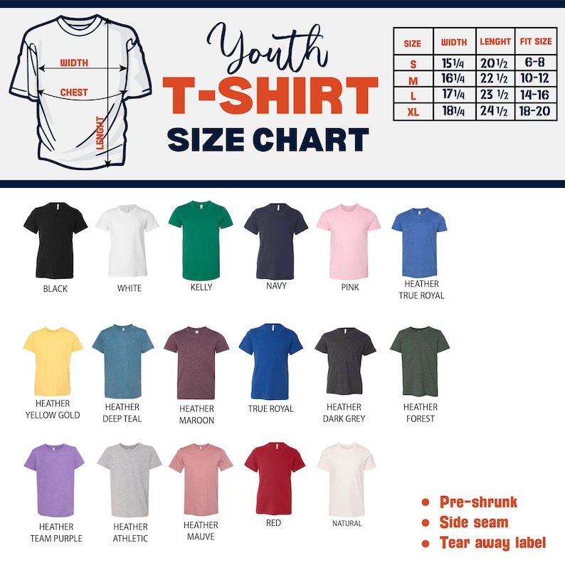 K&ouml;nnte beinhalten: Eine Gr&ouml;&szlig;entabelle f&uuml;r Jugend-T-Shirts mit verschiedenen Farben. Die Tabelle enth&auml;lt Ma&szlig;e f&uuml;r Breite, Brust und L&auml;nge in cm sowie Gr&ouml;&szlig;en. Farben: Schwarz, Wei&szlig;, Rosa und Marineblau.