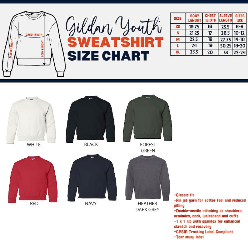 Puede incluir: Tabla de tallas para sudadera Gildan Youth con medidas en pulgadas para las tallas XS, S, M, L y XL. La tabla muestra la longitud del cuerpo, el ancho del pecho, la longitud de la manga y las tallas en tallas de EE. UU. La tabla est&aacute; rodeada de im&aacute;genes de sudaderas de varios colores, incluidos blanco, negro, verde bosque, rojo, azul marino y gris oscuro jaspeado.