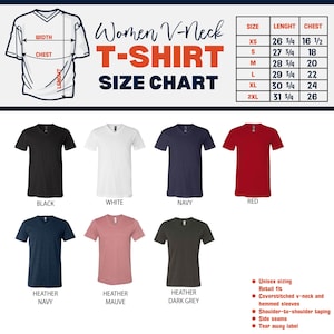 K&ouml;nnte beinhalten: Eine Gr&ouml;&szlig;entabelle f&uuml;r Damen-V-Ausschnitt-T-Shirts mit Ma&szlig;en in Zoll. Die Tabelle enth&auml;lt die Gr&ouml;&szlig;en XS bis 2XL mit L&auml;ngen- und Brustma&szlig;en. Das Bild zeigt auch T-Shirts in verschiedenen Farben: Schwarz, Wei&szlig;, Marine, Rot, Heather Navy, Heather Mauve und Heather Dark Grey.