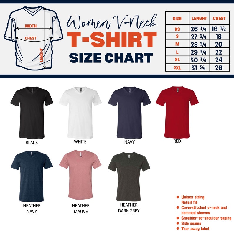 K&ouml;nnte beinhalten: Eine Gr&ouml;&szlig;entabelle f&uuml;r Damen-V-Ausschnitt-T-Shirts mit Ma&szlig;en in Zoll. Die Tabelle enth&auml;lt die Gr&ouml;&szlig;en XS bis 2XL mit L&auml;ngen- und Brustma&szlig;en. Das Bild zeigt auch T-Shirts in verschiedenen Farben: Schwarz, Wei&szlig;, Marine, Rot, Heather Navy, Heather Mauve und Heather Dark Grey.