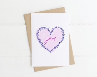 Personalised Floral Heart Design, Floral Name Card, Thinking of you Card for Best Friend.