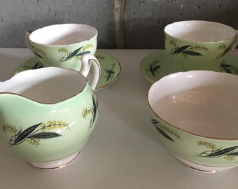 Vintage Royal Vale teacup and saucers milk jug creamer sugar bowl tea for two teatime party retro kitchen farmhouse rustic pretty