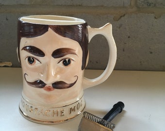 Vintage shaving mug moustache man barber shop razor hairdresser collectible man cave retro