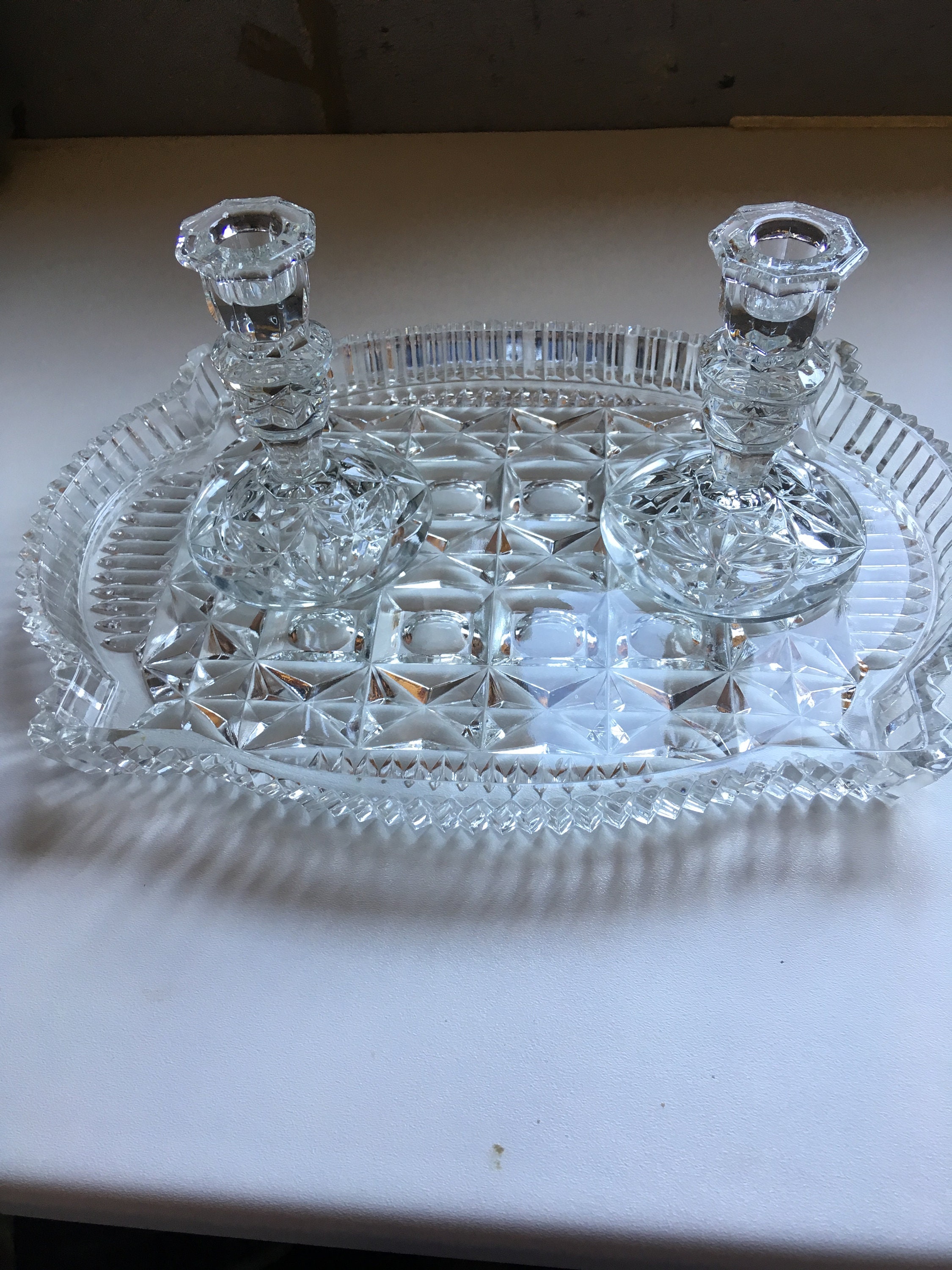 Vintage Glass Dressing Table Set Tray Candlesticks Etsy Australia