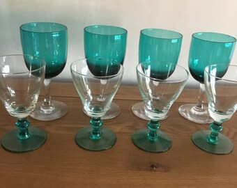 Vintage blue green cocktail sherry glasses display bar cocktail cabinet drinks party retro