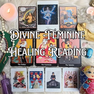 May include: A tarot card reading spread with the words "Divine Feminine Healing Reading" in a decorative font. The cards are from the "The Wild Unknown Tarot" deck and include "The Sun", "Kali", "The High Priestess", "The Outlaw", "The Courtesan", "The Spinster", "Seven of Cups", "The Devil", "Keeper of Wands", and "Khris Kalo".