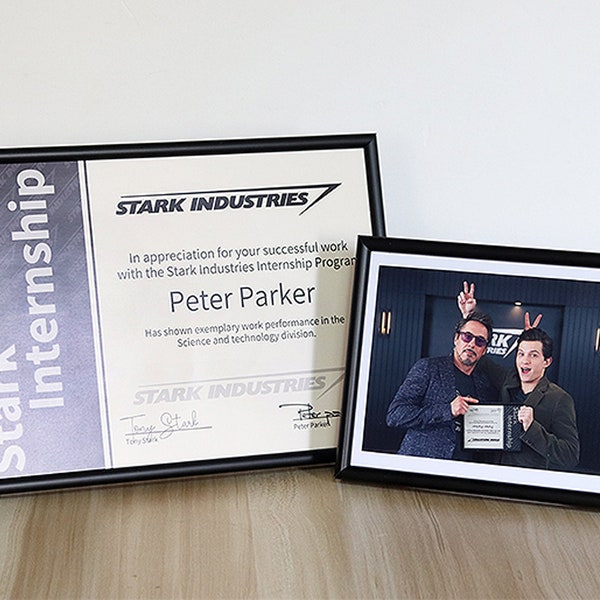 Custom Stark Internship Certificate, Spiderman Certificate, Iron Man Photo, Movie Props Replica, Peter and Tony Signature Photo with Frame