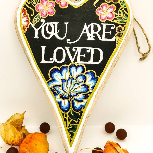 Wooden heart wall hanging ornament, anniversary present, biethday gift, You Are Loved message on handmade heart shaped wall hanging