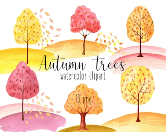 Autumn Tree Clipart, Autumn Clipart, Watercolor Clipart, Fall Clipart, PNG, Scrapbooking, Invitation set, Wedding, Planner, Instant Download