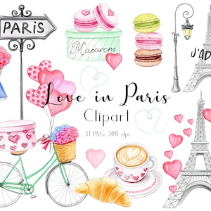 Imágenes prediseñadas de París, imágenes prediseñadas de viaje, imágenes prediseñadas de San Valentín, imágenes prediseñadas de amor, imágenes prediseñadas de acuarela, descarga instantánea, PNG