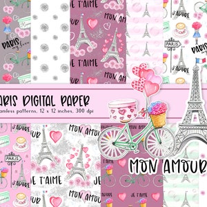 Paris Digital Paper, Paris Clipart, Papel digital de San Valentín, Papel digital de viaje, Patrón sin costuras, Scrapbooking, Planificador, JPEG