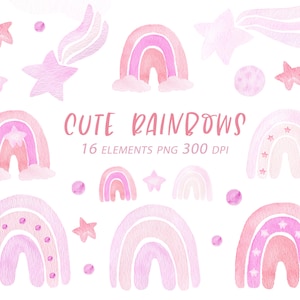 Pink Rainbow Clipart, Watercolor Clipart, Rainbow Clipart, Planets Clipart, Baby Shower Clipart, Baby Shower Invitation, Stars Clipart, PNG