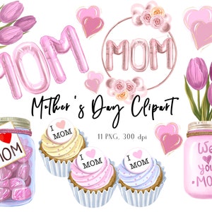 Moederdag Clipart, Moederdag cadeaus, Lente Clipart, Roze, Cup Cakes Clipart, Tulpen Clipart, Digitaal Bestand, Instant Download, PNG