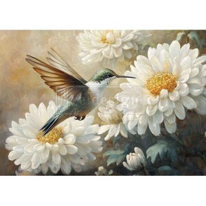 May include: A painting of a hummingbird in flight, approaching a cluster of large white flowers with yellow centers. The bird has iridescent green and blue feathers, with brown wings. The background is a soft, muted blend of colors.