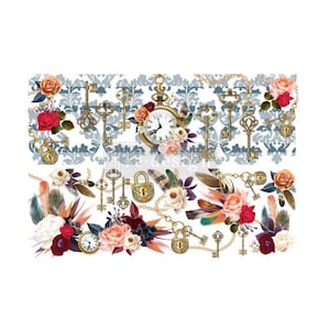 May include: A digital paper pack with a vintage aesthetic featuring a clock, keys, locks, feathers, and floral elements in shades of red, gold, and white.