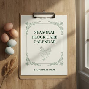 May include: A clipboard holding a white paper with the green text Seasonal Flock Care Calendar and Stafford Hill Farms, featuring a central chicken illustration and a decorative border, accompanied by five eggs and dried wheat stalks.