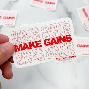 Make Gains Sticker - 2.75&quot;  /  Weightlifting Sticker  /  Gym Sticker  /  Fitness Sticker  /  Workout Sticker  /  Motivational Sticker