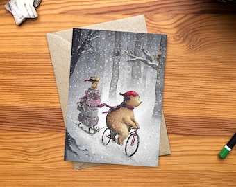 Weihnachtskarte "Bär fährt Fahrrad" Aquarell/Buntstift mit Umschlag