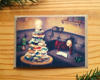 Weihnachtskarte "Bücherwurm" Aquarell/Buntstift mit Umschlag