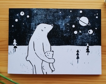 Greeting Card "Big Bear And Little Bear" Linocut Print