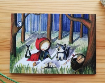 Greeting Card "Little Red Riding Hood's Secret" Fairy Tale Watercolor