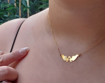 Initial Angel Wings Love Necklace, Special Day Gift, Heart Initials Necklace, Heart Initials Necklace, Angel Wings, Gift for Her