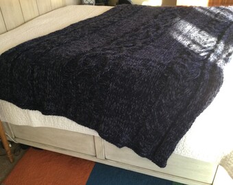 Blanket, hand knitted, dark blue, decor.