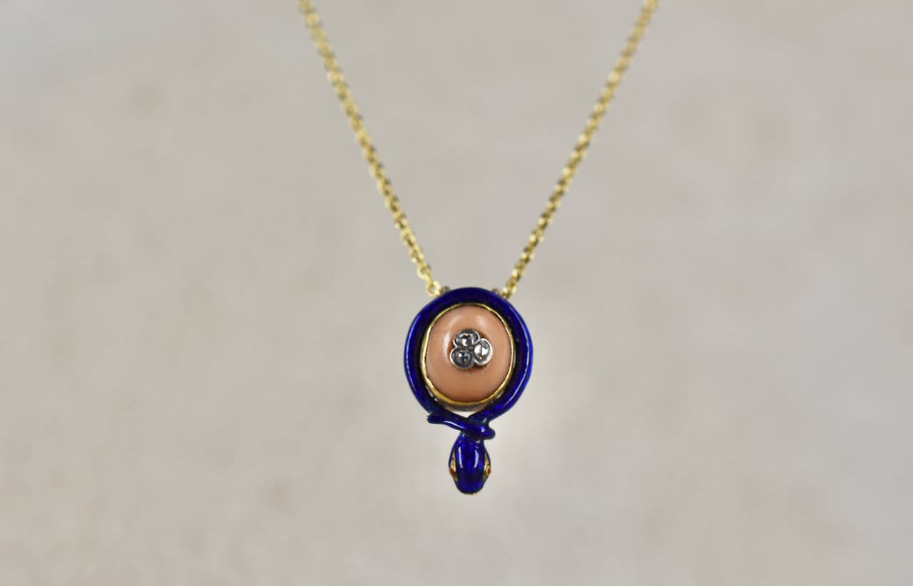 Antique 9ct Enamel, Diamond & Coral Snake Necklace