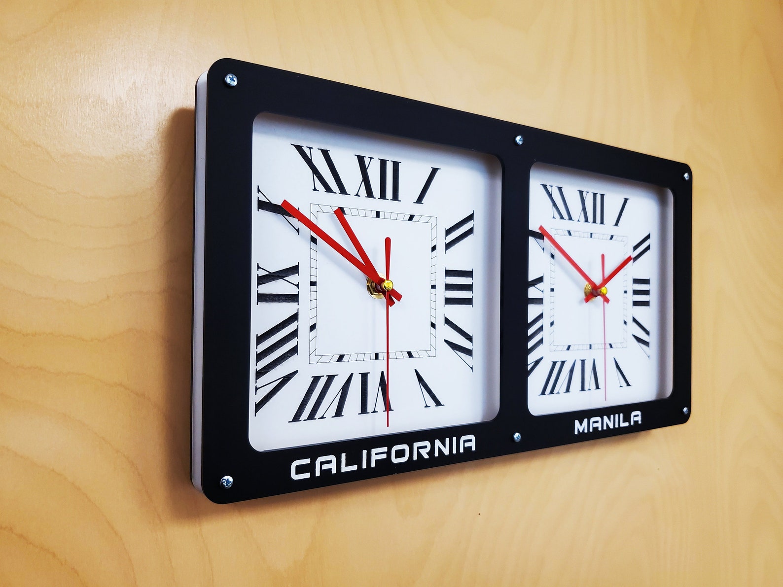 Large Dual Time Zone Wall Clock Customize Time Zone Labels Etsy