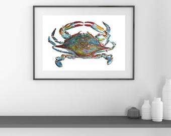 Blue Crab Watercolor Print: Coastal Beach House Wall Art