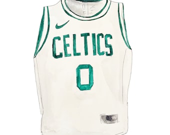 May include: A white basketball jersey with green trim and the word "CELTICS" in green lettering. The number "0" is also in green on the front of the jersey.
