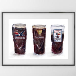 May include: A watercolor painting of three glasses of Guinness beer. The glasses are all different shapes and sizes, and they are all filled with dark brown beer. The glasses are all set against a white background.