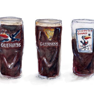 May include: Three glasses of Guinness beer, each with a different design. The first glass features a toucan with the words "Guinness" below. The second glass has a harp design with the word "Guinness" below. The third glass has a toucan with the words "Lovely day for a Guinness" below.