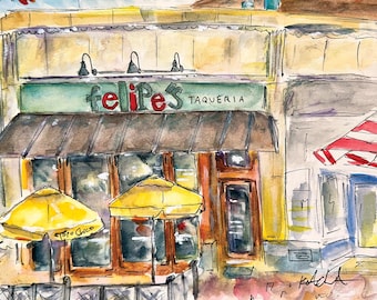 Cambridge, MA Harvard Square Felipe&#39;s Taqueria watercolor print