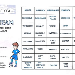 May include: A blue and white football card with the words "40 Team Football Card in Aid Of" and a grid of English Premier League teams. The card features a cartoon of a boy wearing a blue football shirt and holding a football.
