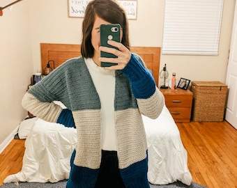 Handmade Crochet Blue Striped Cardigan Sweater