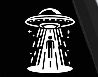 Alien spaceship beaming up human decal funny vinyl sticker for cars, laptops, or any smooth surface, perfect gift for sci-fi, UFO, lovers