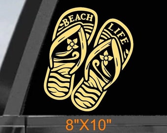 Cute beach life flip flops graphic, car, truck, window decal, golfcart sticker, coastal decor, summer vibes, car accessories.