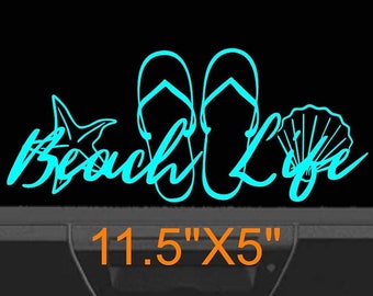 Cute beach life flip flops and shells graphic, car, truck, window decal, golfcart sticker, coastal decor, summer vibes, car accessories.